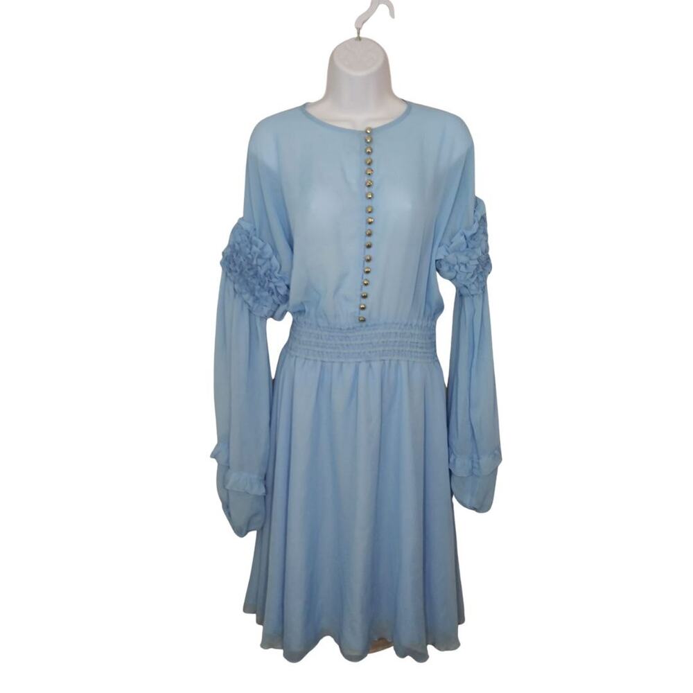 Elena Guranda Blue Ruffled Dress Semi Sheer Balloon Sleeve Sz Medium - Picture 5 of 14